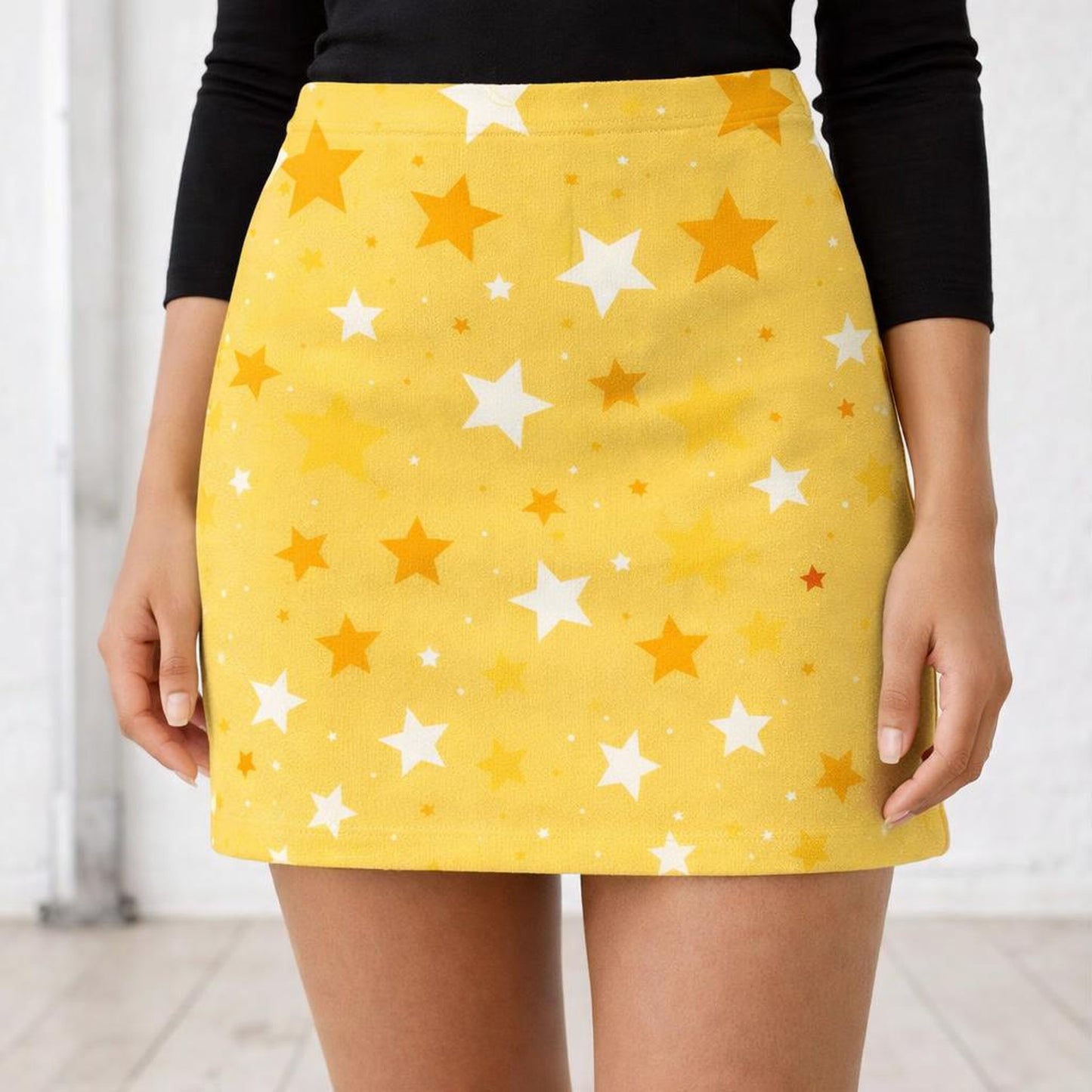 Golden Stardust | Star Graphic Print | Yellow & White | Mini Skirt · front view