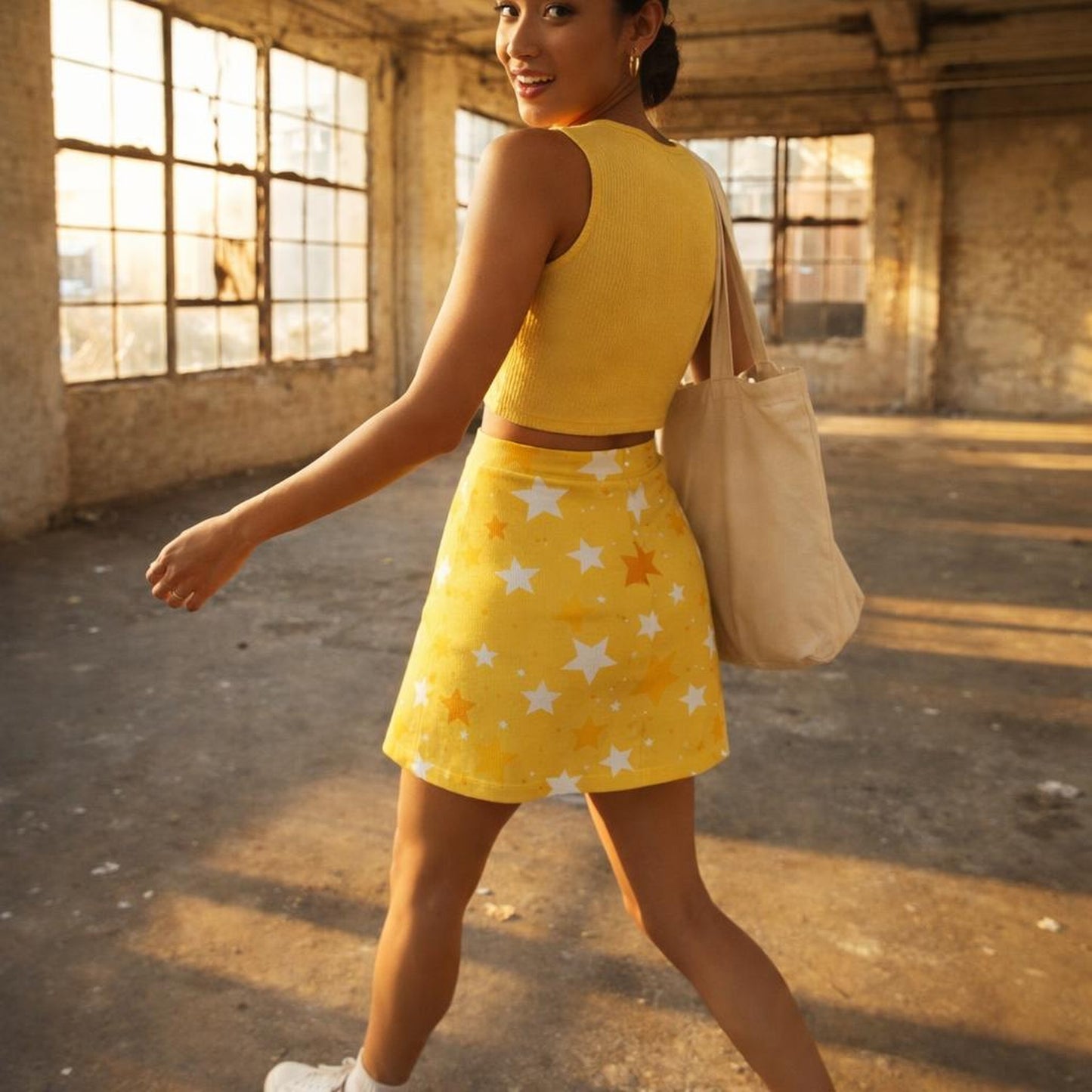 Golden Stardust | Star Graphic Print | Yellow & White | Mini Skirt · lifestyle