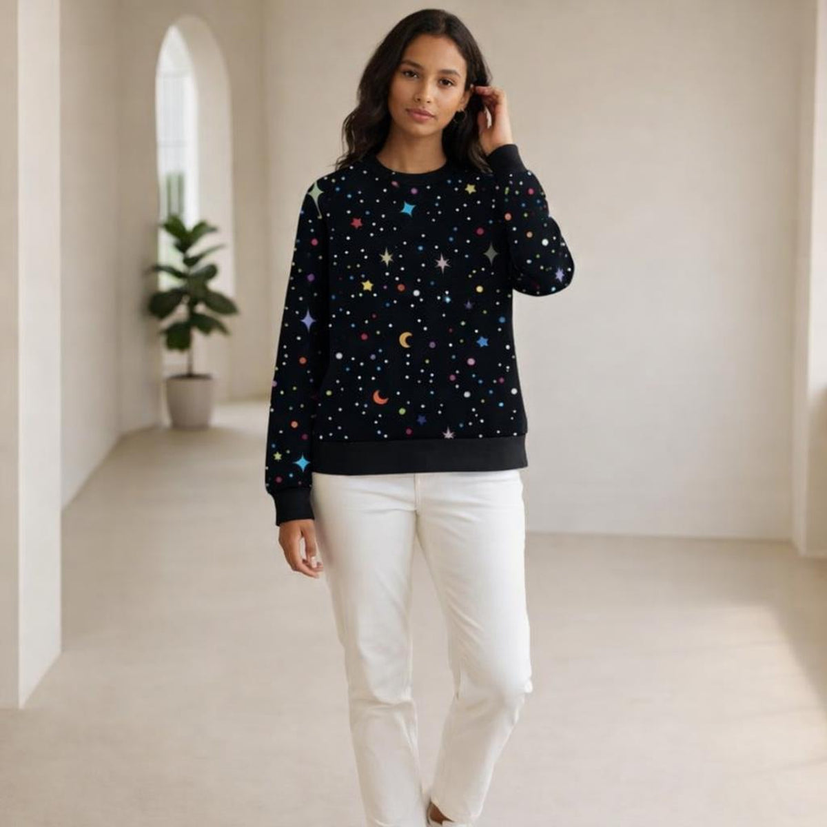 Starry Whimsy | Sweatshirt | Cosmic Black · on a woman