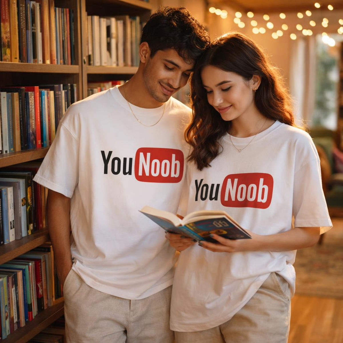 You Noob | Oversized T-Shirt | Bold Red Print · on a man and a woman