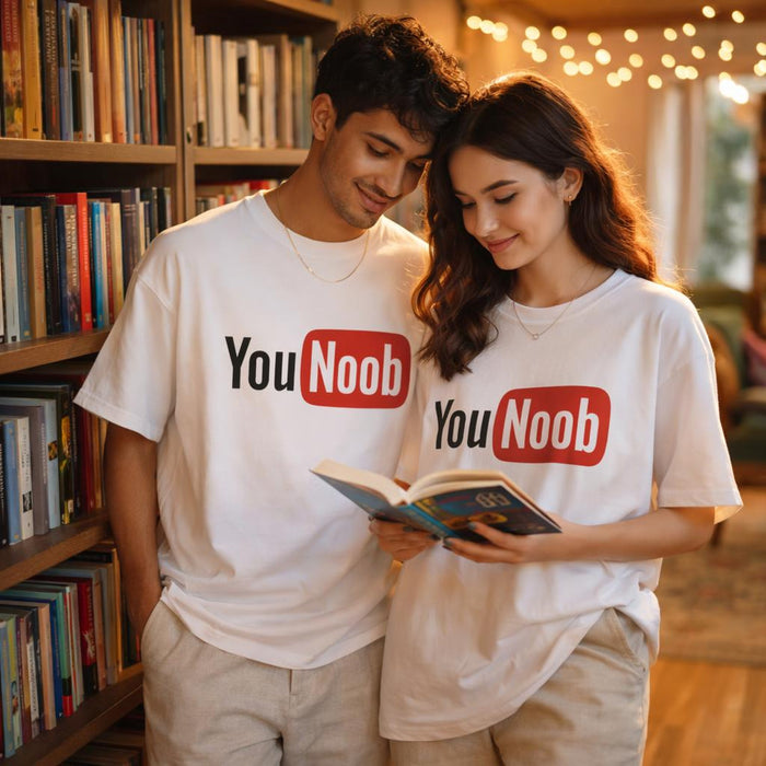 You Noob | Oversized T-Shirt | Bold Red Print · on a man and a woman