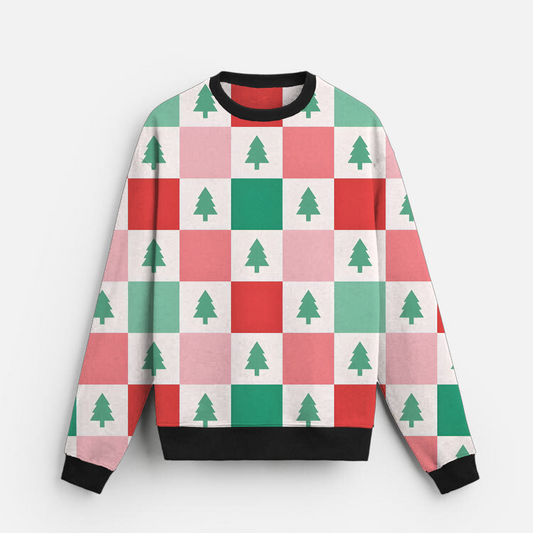 Checkered Tree Cheer | Festive Grid | Red Green White | Unisex Sweatshirt