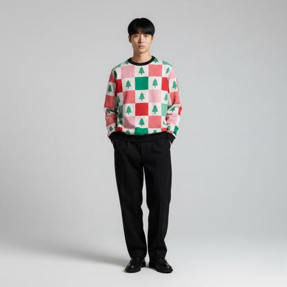 Checkered Tree Cheer | Festive Grid | Red Green White | Unisex Sweatshirt
