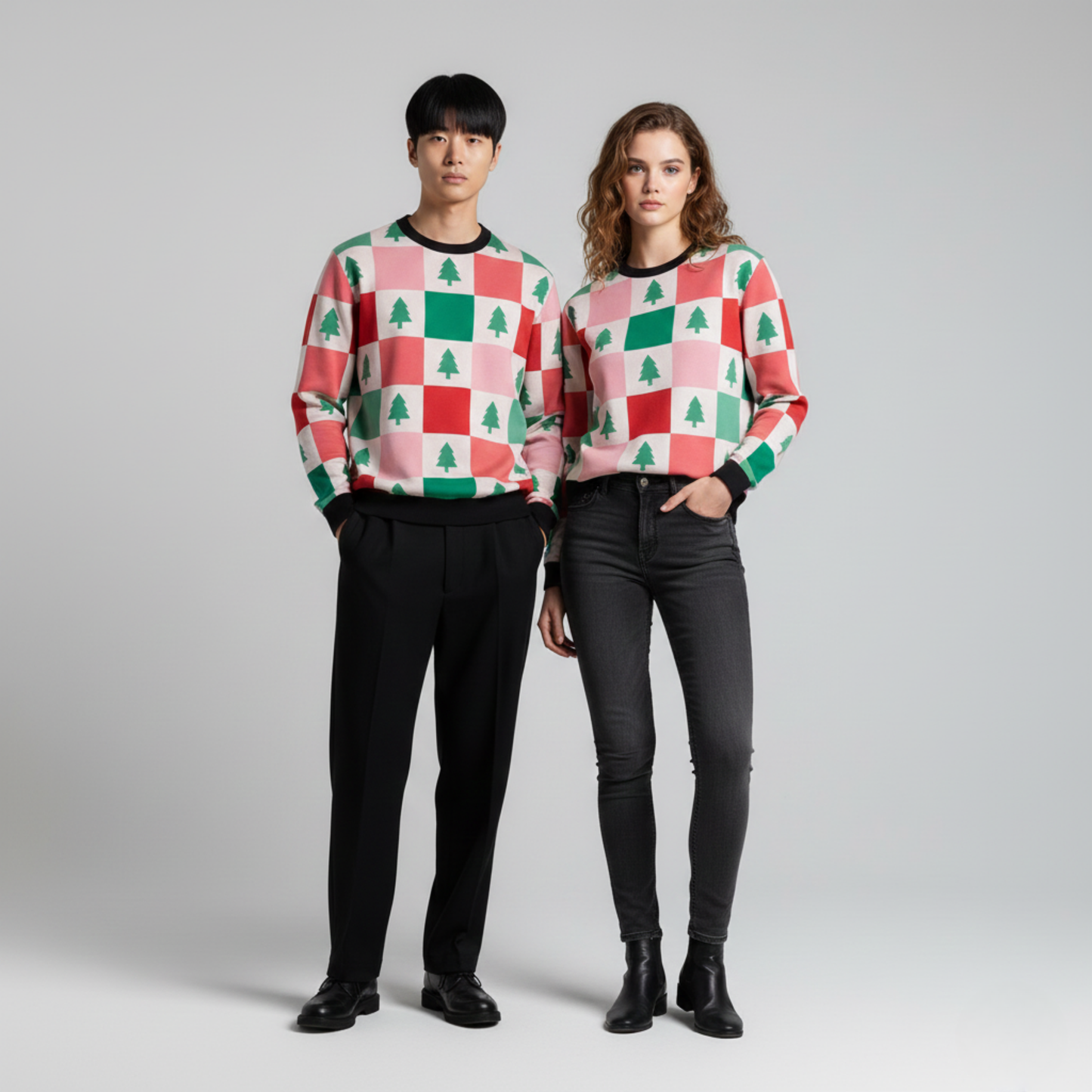 Checkered Tree Cheer | Festive Grid | Red Green White | Unisex Sweatshirt