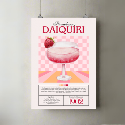 Strawberry Daiquiri | A3 Art Print | Retro Recipe Poster