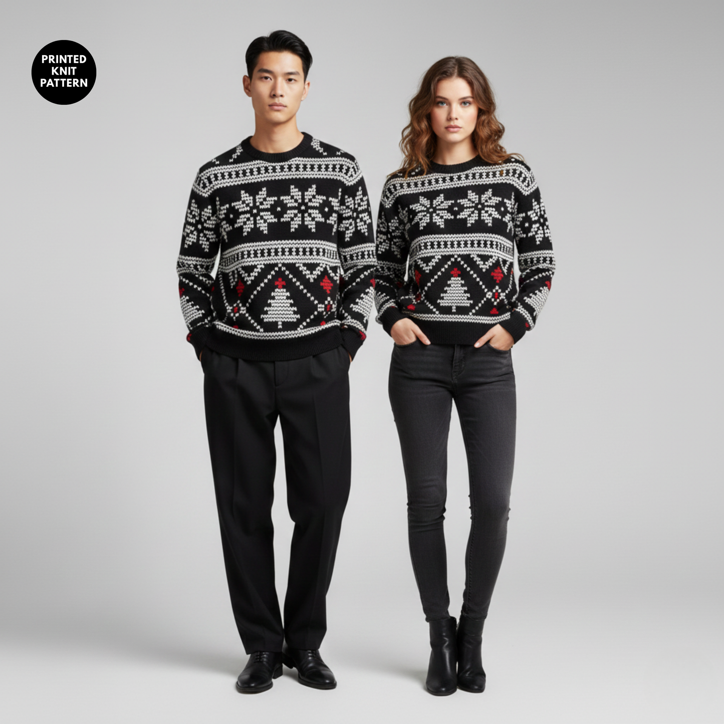 Midnight Festive Knit | Classic Holiday Pattern | Black Red White | Unisex Sweatshirt