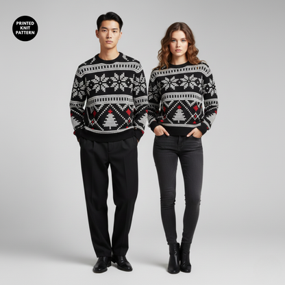 Midnight Festive Knit | Classic Holiday Pattern | Black Red White | Unisex Sweatshirt
