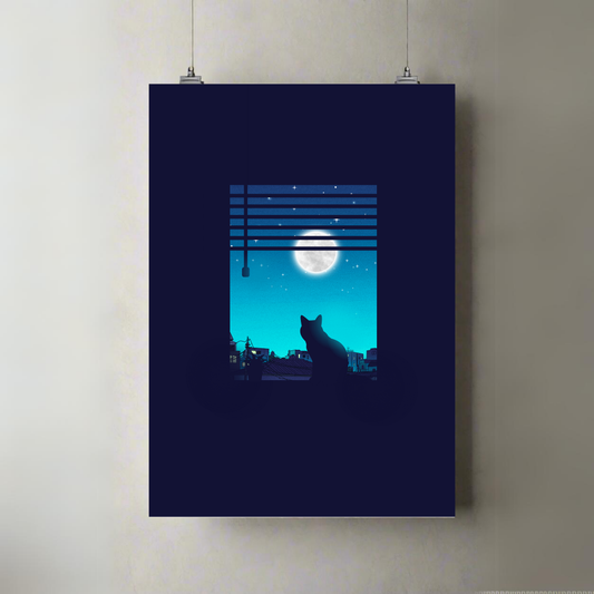 Night | Moon | Kitty | Peace | Premium A3 Poster