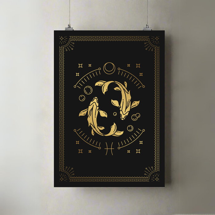Pisces Zodiac | A3 Poster | Gold Dolphins & Celestial