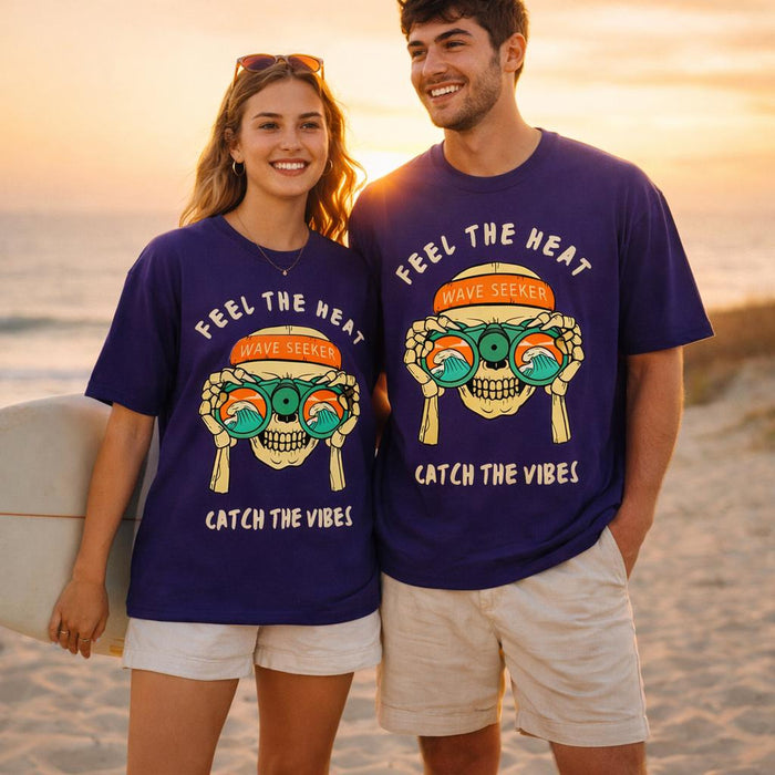 Wave Seeker | Oversized T-Shirt | Deep Purple · on a man and a woman