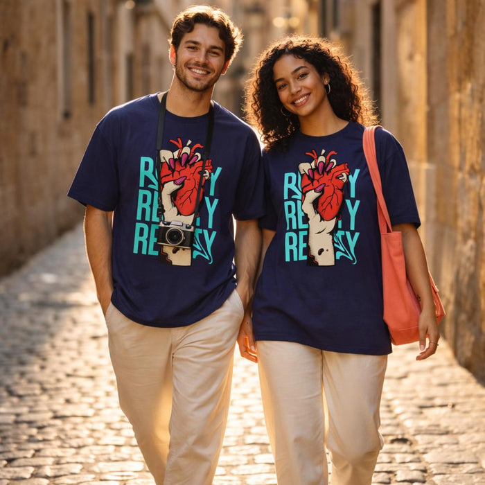 Reality | Oversized T-Shirt | Deep Purple Surreal · on a man and a woman