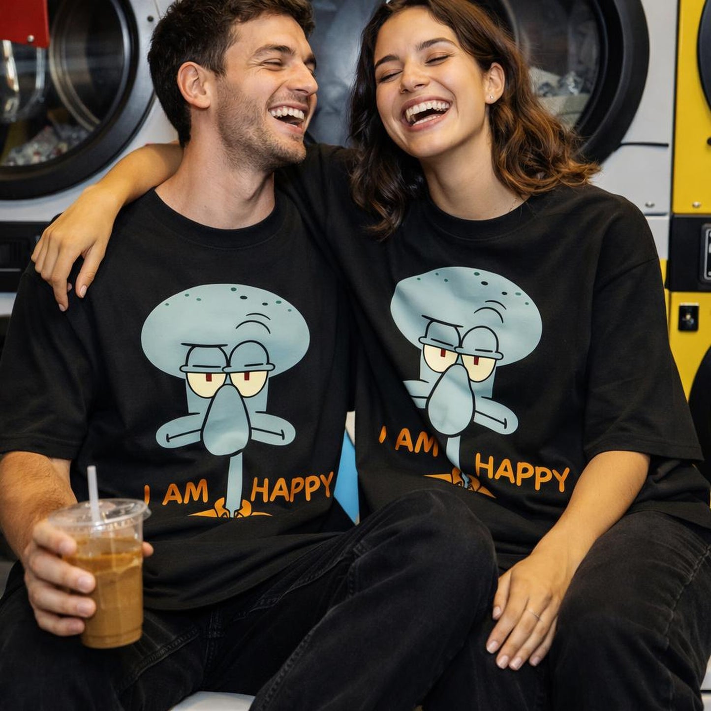 I am Happy | Oversized T-Shirt | Deep Navy · on a man and a woman