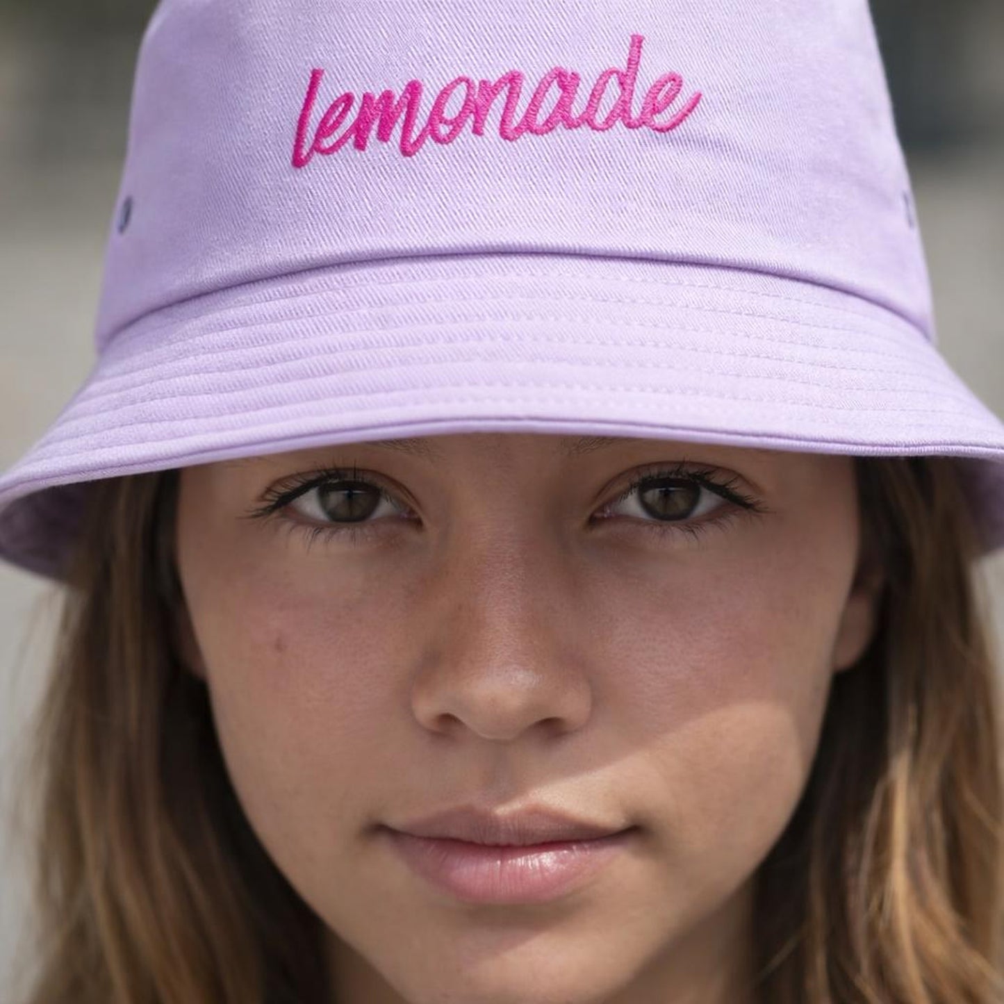 Lemonade Dream | Bucket Hat | Embroidered Pink Cursive · design detail