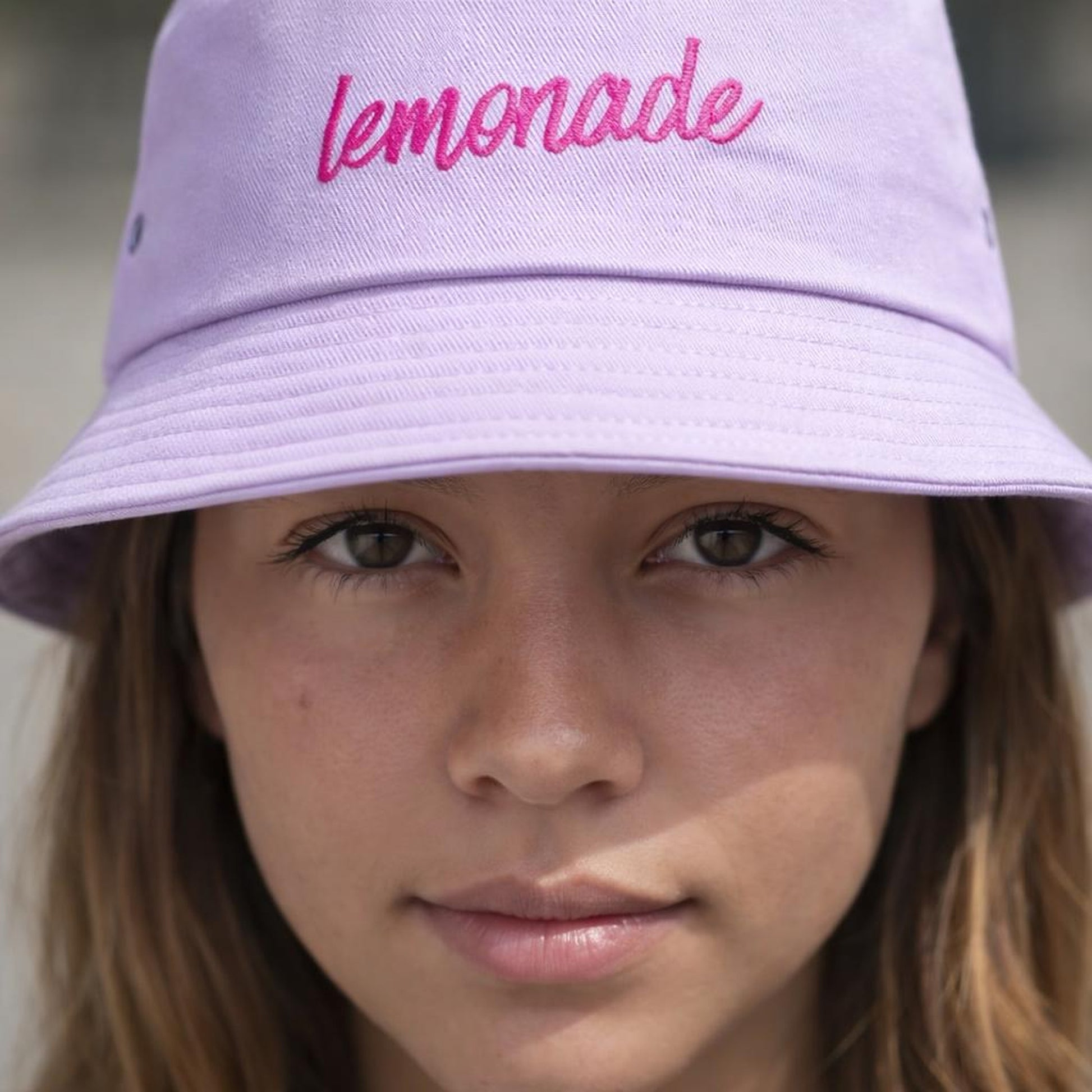 Lemonade Dream | Bucket Hat | Embroidered Pink Cursive · design detail