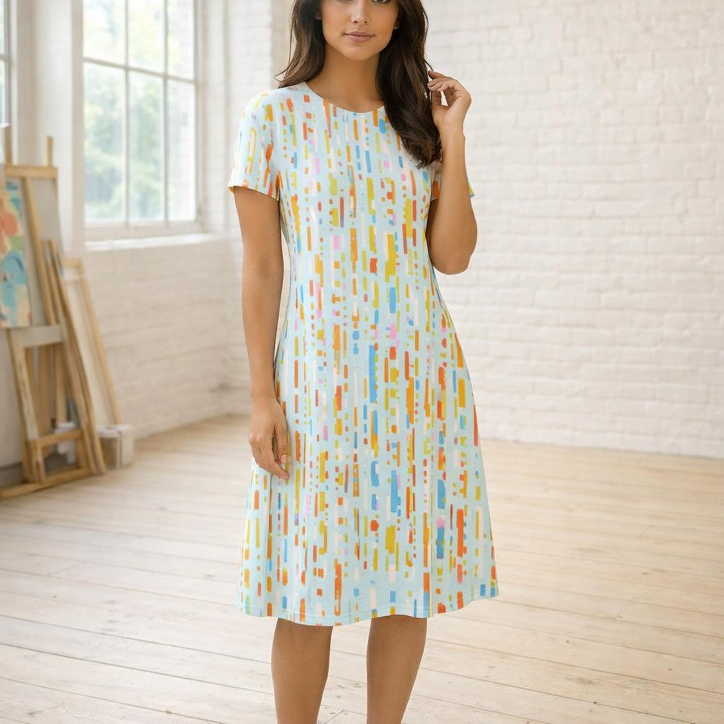 Neon Geometry | A-Line Dress | Abstract Line Print — front view