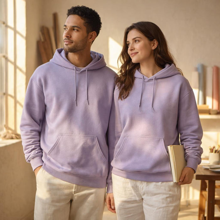 Quiet Confidence | Hoodie | Lavender · on a man and a woman