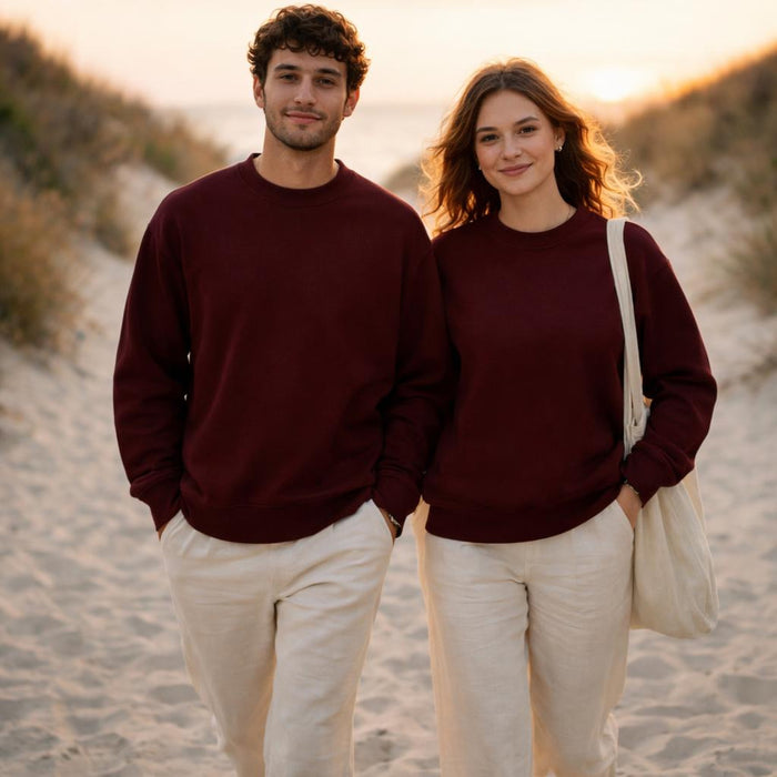 Burgundy Ease | Sweatshirt | Relaxed Essential · on a man and a woman