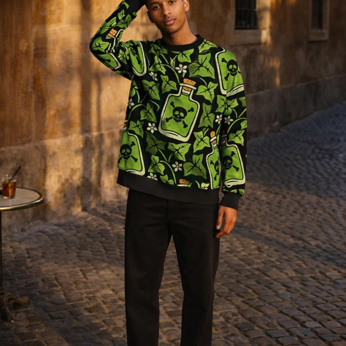 Dark Garden | Sweatshirt | Gothic Ivy & Skull Bottles · on a man