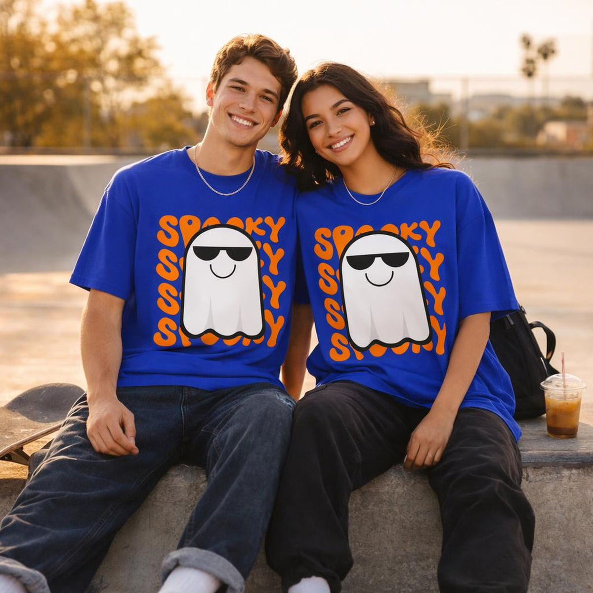 Spooky Ghost | Oversized T-Shirt | Royal Blue · on a man and a woman