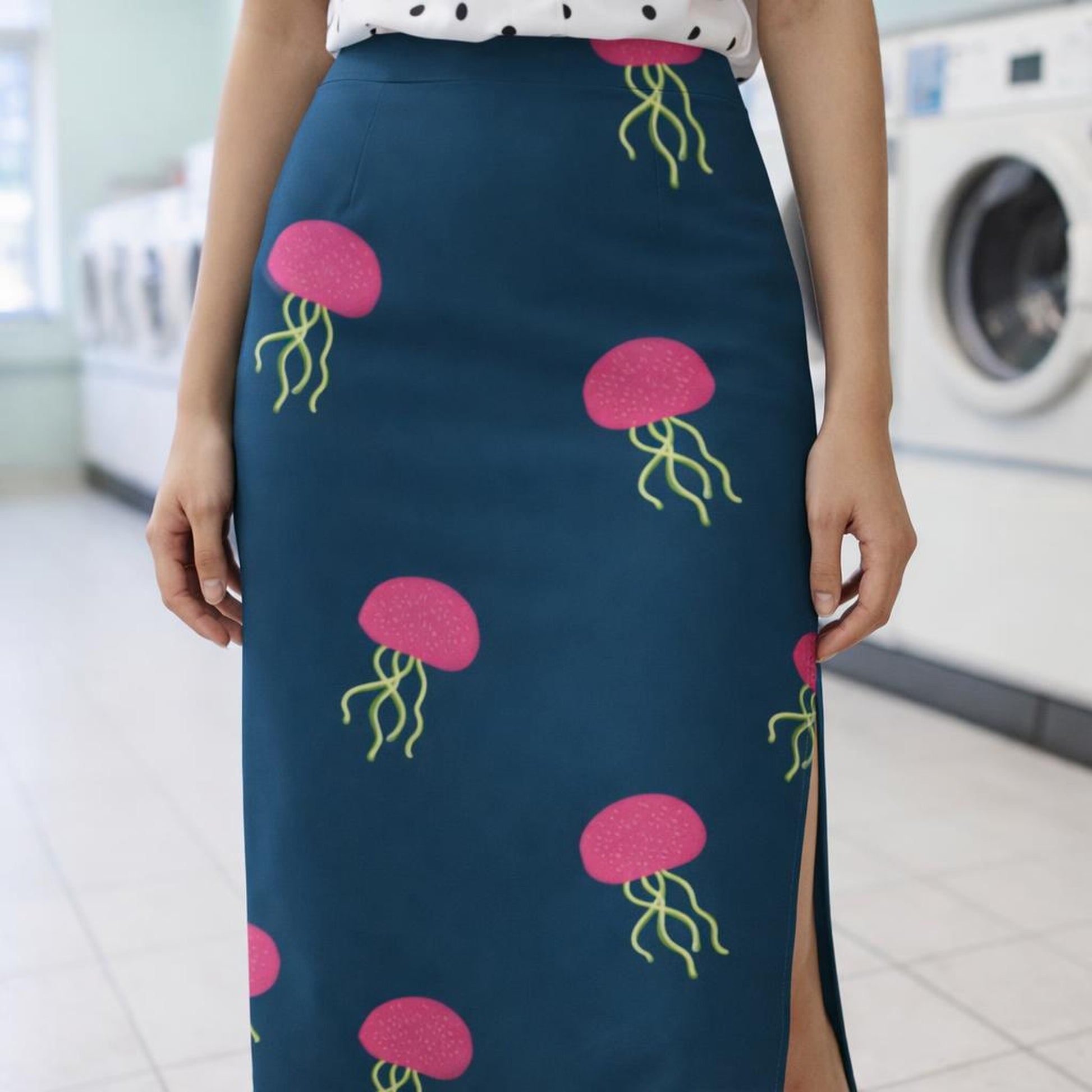 Electric Jellyfish | Pencil Skirt | Neon Pink on Navy — design detail