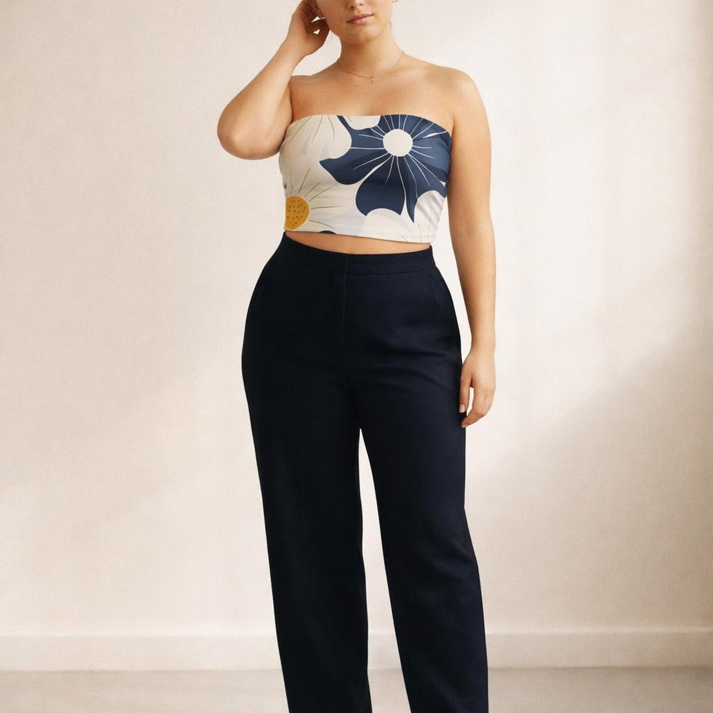 Midnight Bloom | Floral Tube Top | Navy & Ivory · front view
