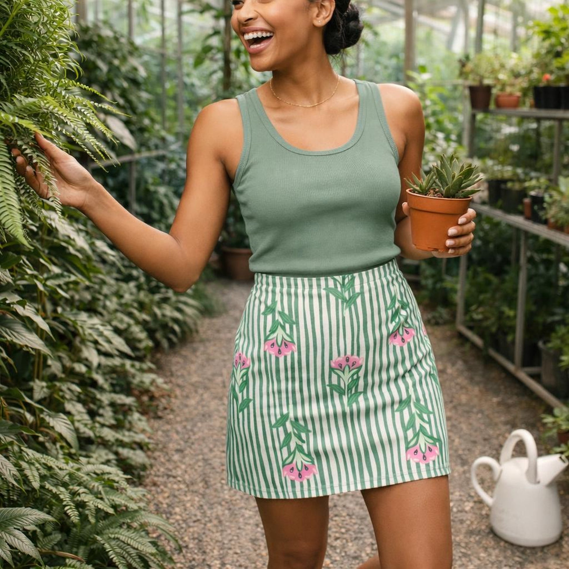 Floral Stripe | Mini Skirt | Sage Green — lifestyle