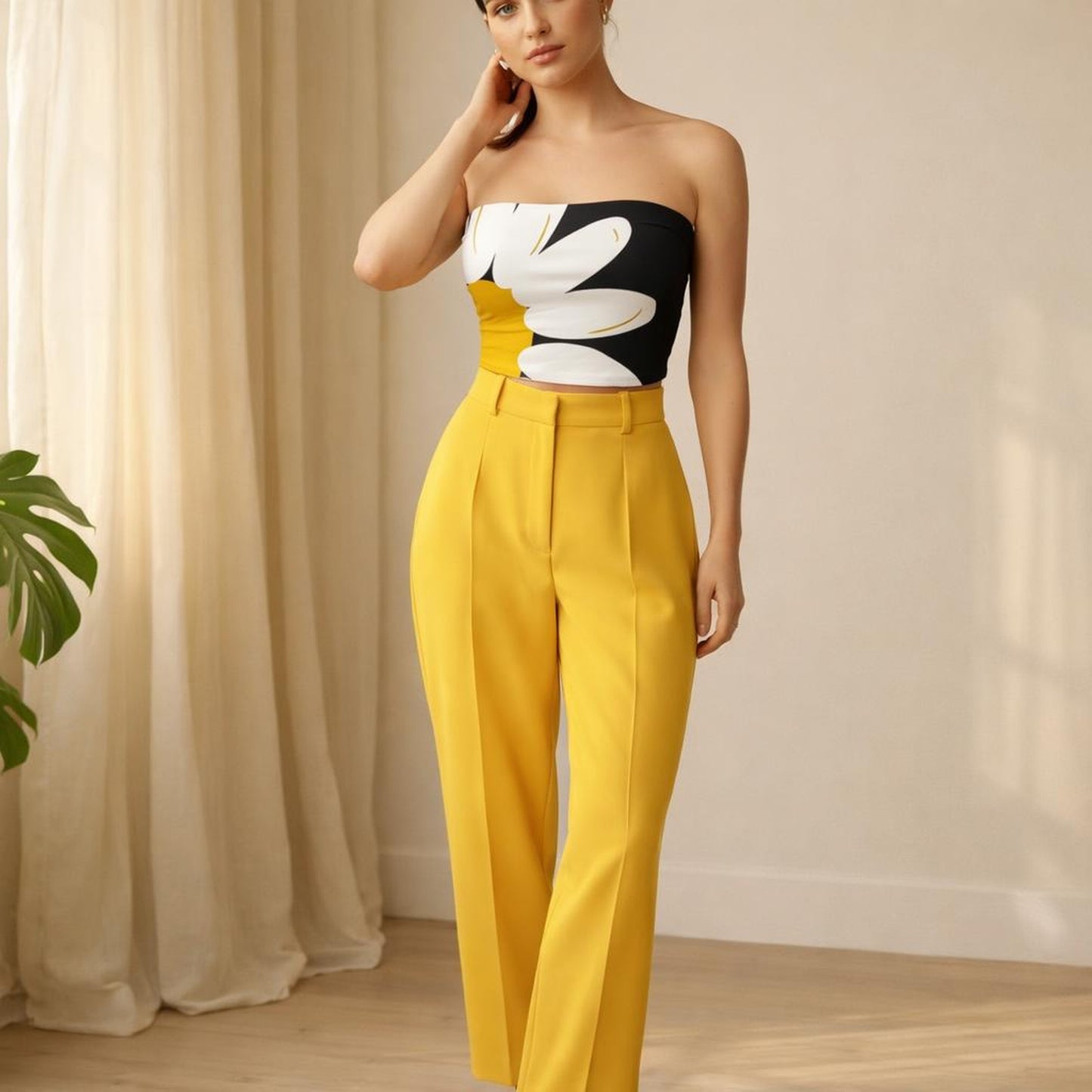 Midnight Daisy | Tube Top | Black with White & Yellow Bloom · front view