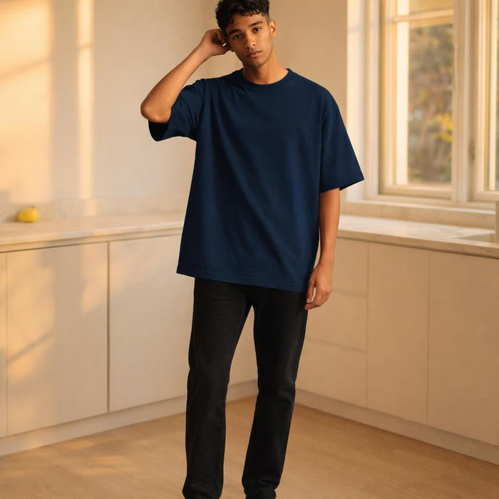 Cozy Mode Essential | Oversized T-Shirt | Deep Navy · on a man