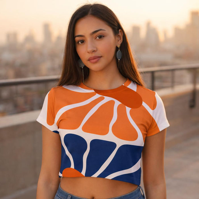Orange & Blue Circles | Crop Top | Fitted · front view