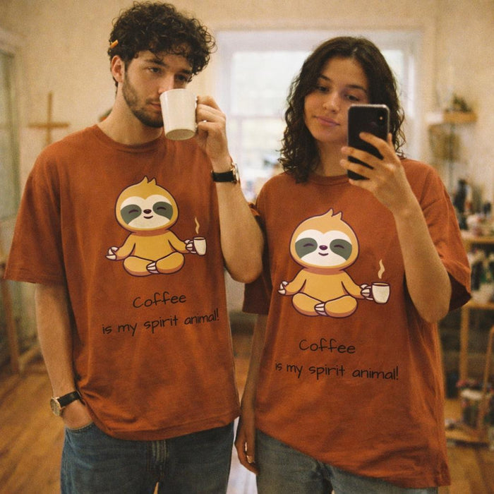 Coffee Spirit Animal | Oversized T-Shirt | Sloth Graphic Brown — design detail