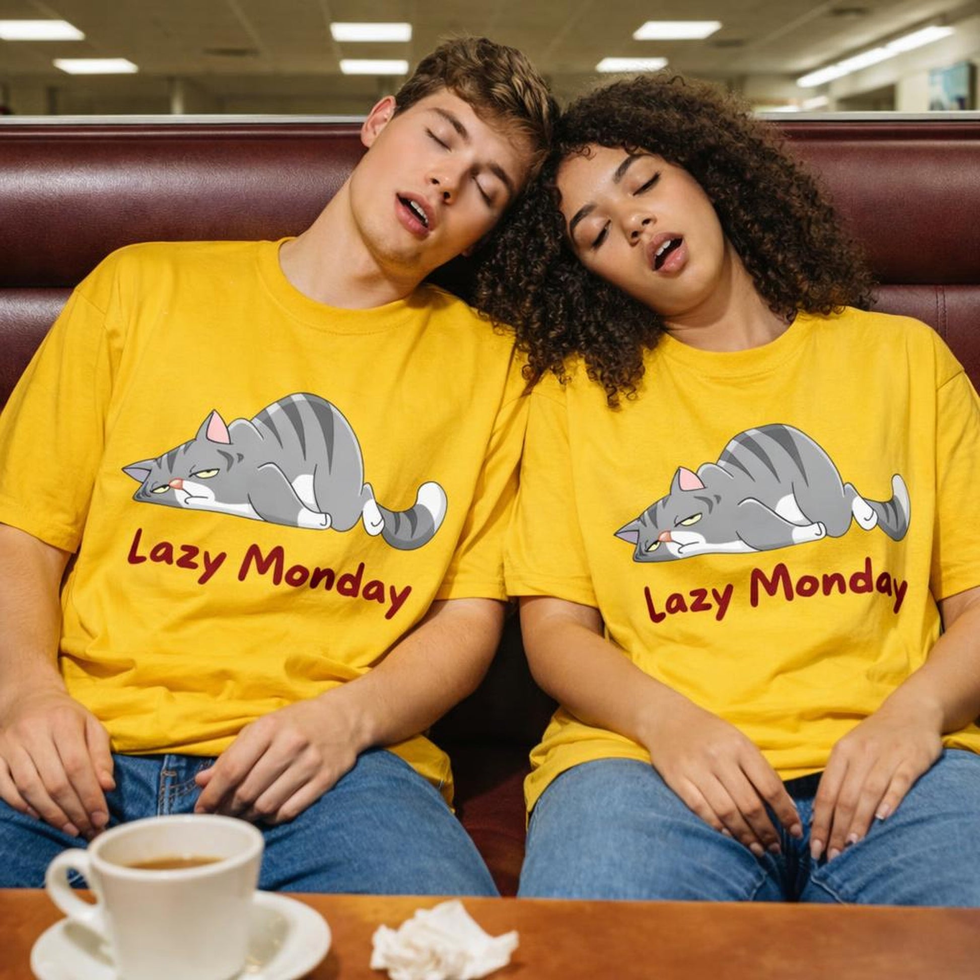 Lazy Monday | Oversized T-Shirt | Mustard Yellow · on a man and a woman