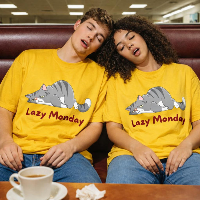 Lazy Monday | Oversized T-Shirt | Mustard Yellow · on a man and a woman