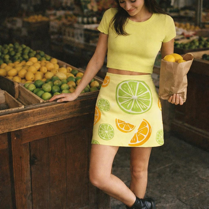 Citrus Splash | Mini Skirt | Lime & Orange Print — lifestyle