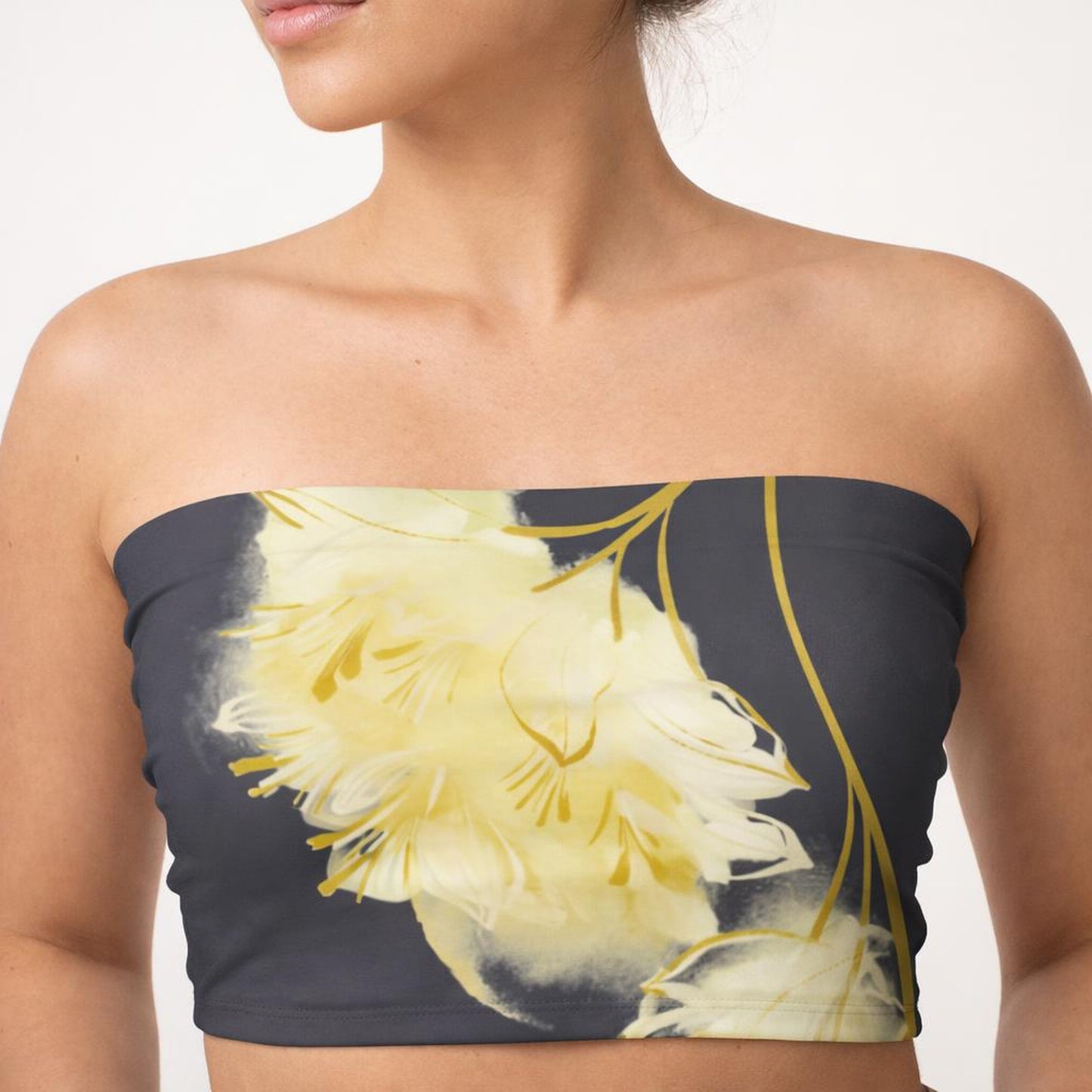 Golden Night Bloom | Tube Top | Yellow Floral on Black · front view