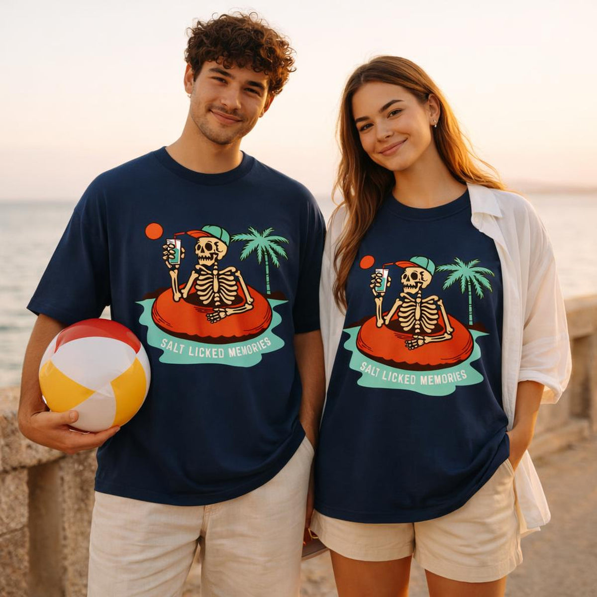 Salt Licked Memories | Oversized T-Shirt | Navy Skeleton Raft · on a man and a woman
