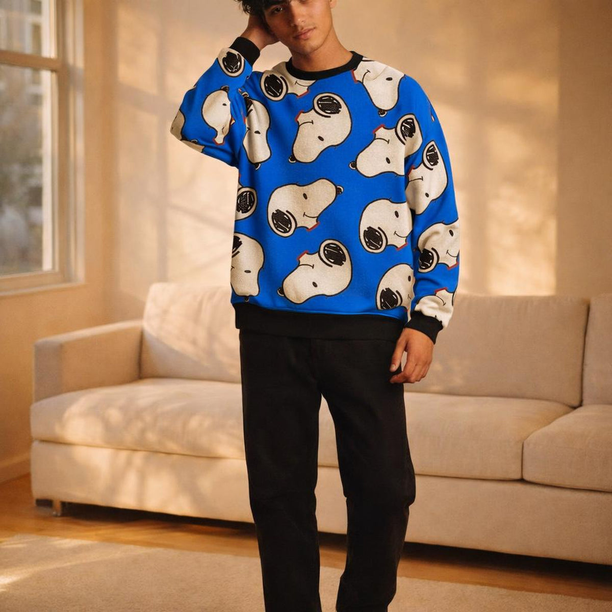 SnoozePup | Sweatshirt | Sketch Dogs on Blue · on a man