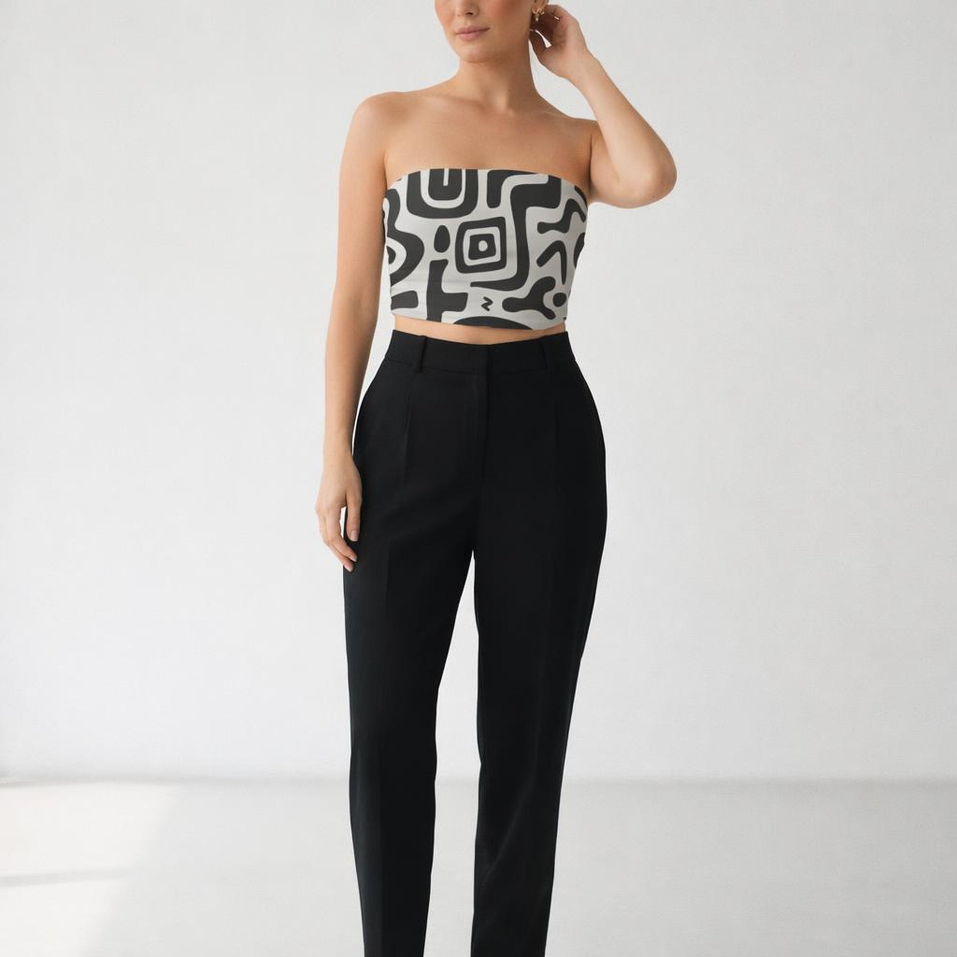Midnight Maze | Tube Top | Black & White Geometric · front view