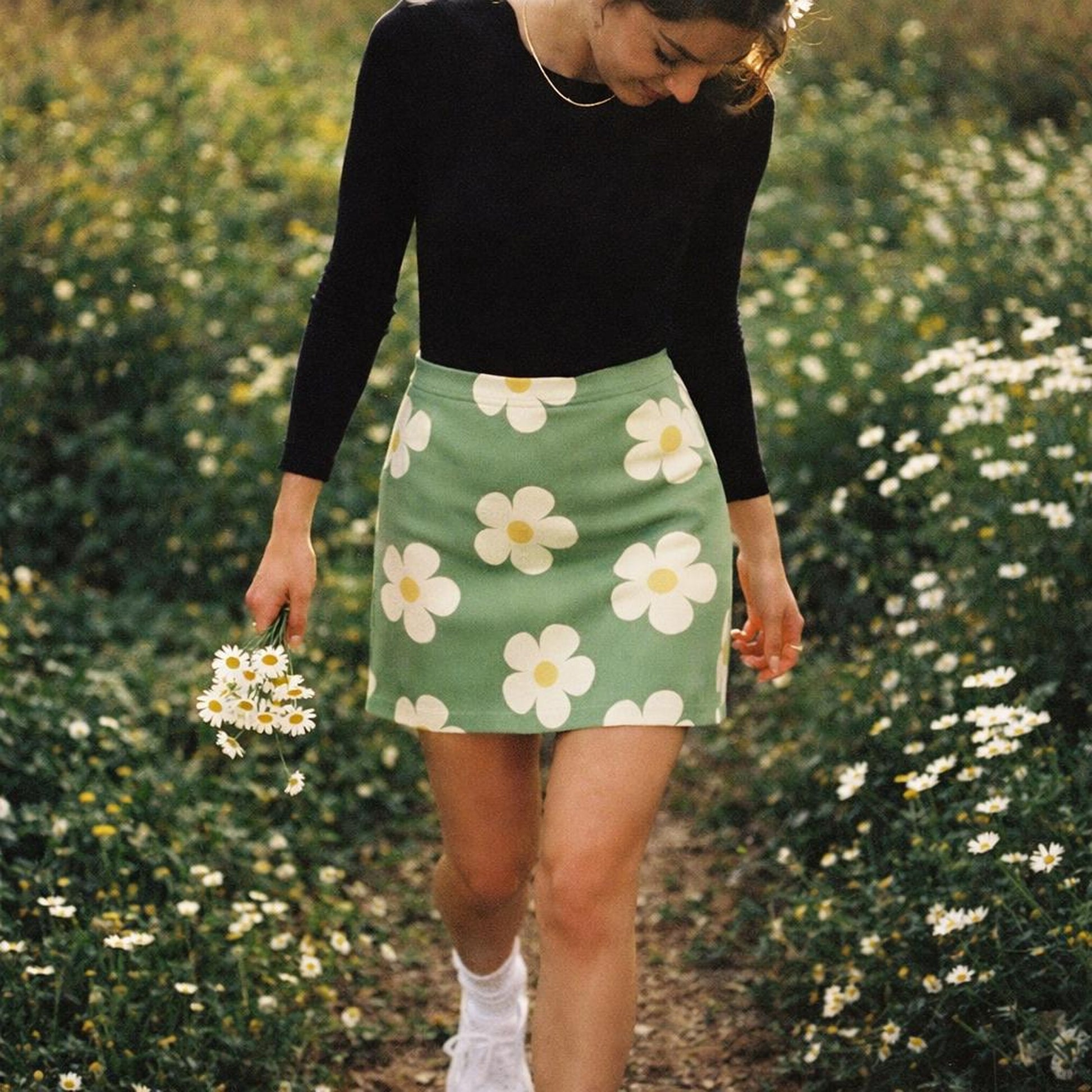 Daisy Drift | Floral Mini Skirt | Sage & Cream — lifestyle