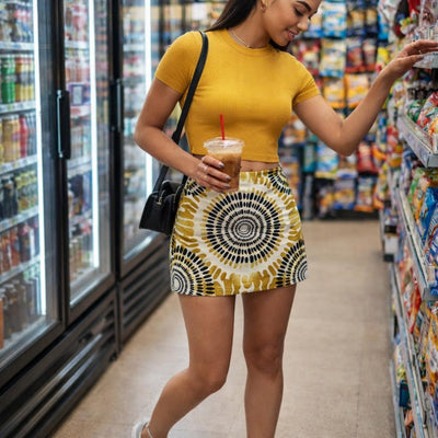 Golden Orbit | Mini Skirt | Black & White Radial Circles · lifestyle