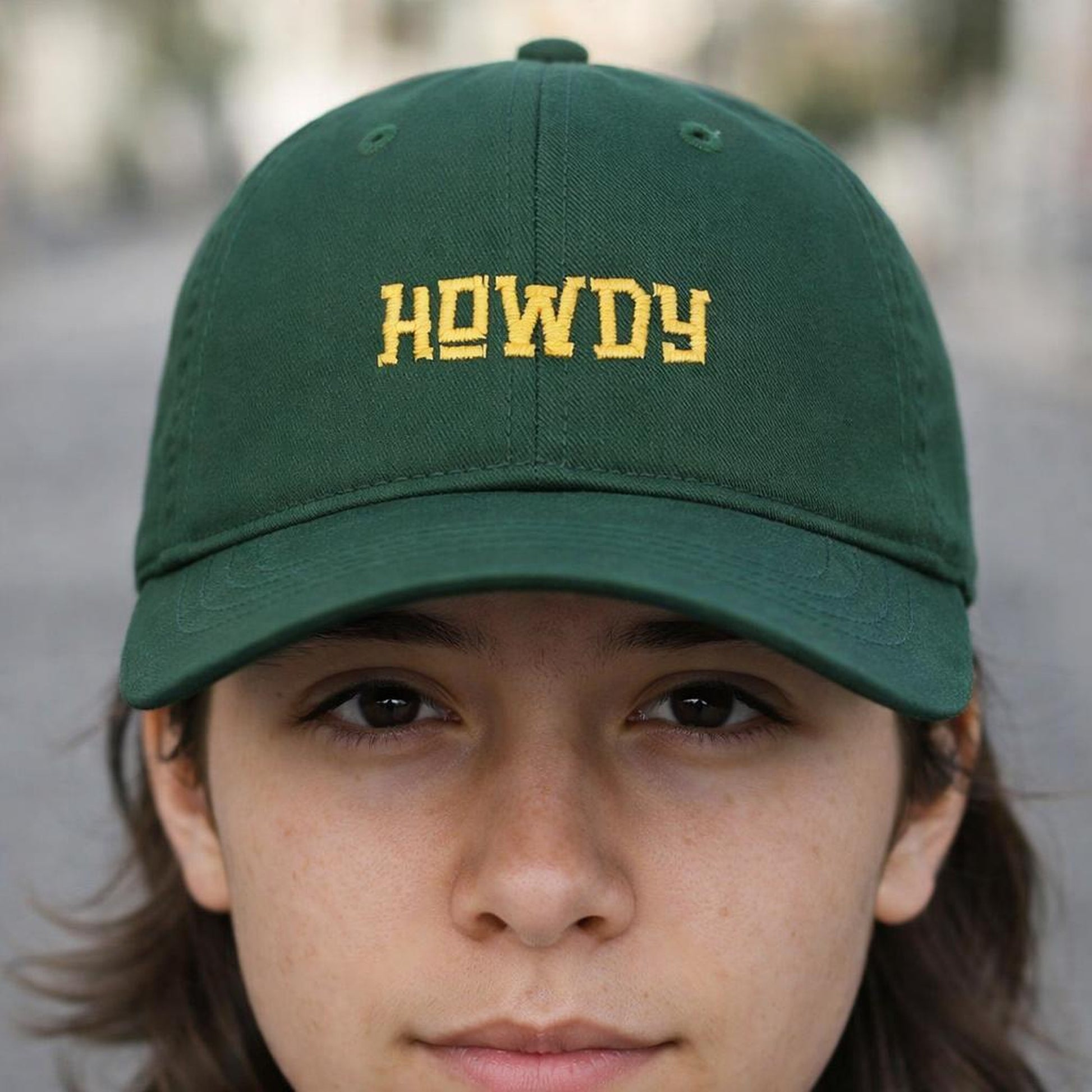 Howdy Embroidered | Baseball Cap | Dark Green · design detail