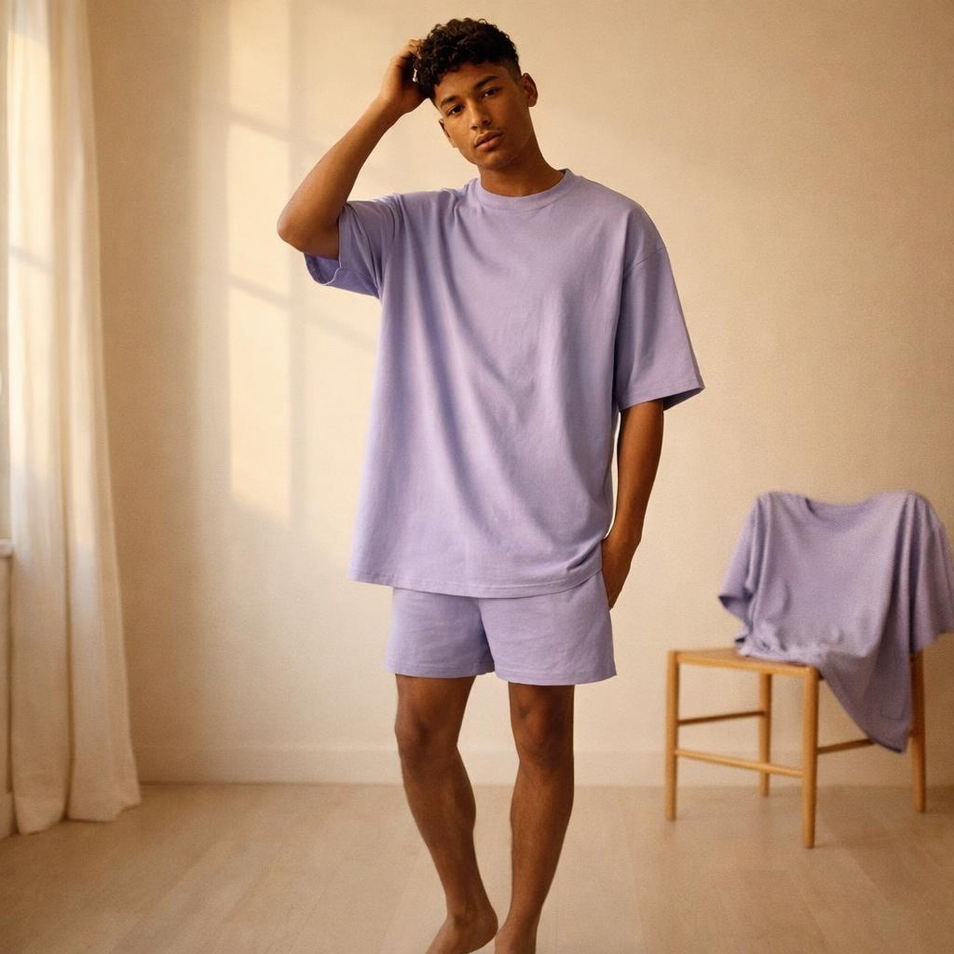 Lavender Plain | Oversized Classic T-Shirt | Soft Purple · on a man