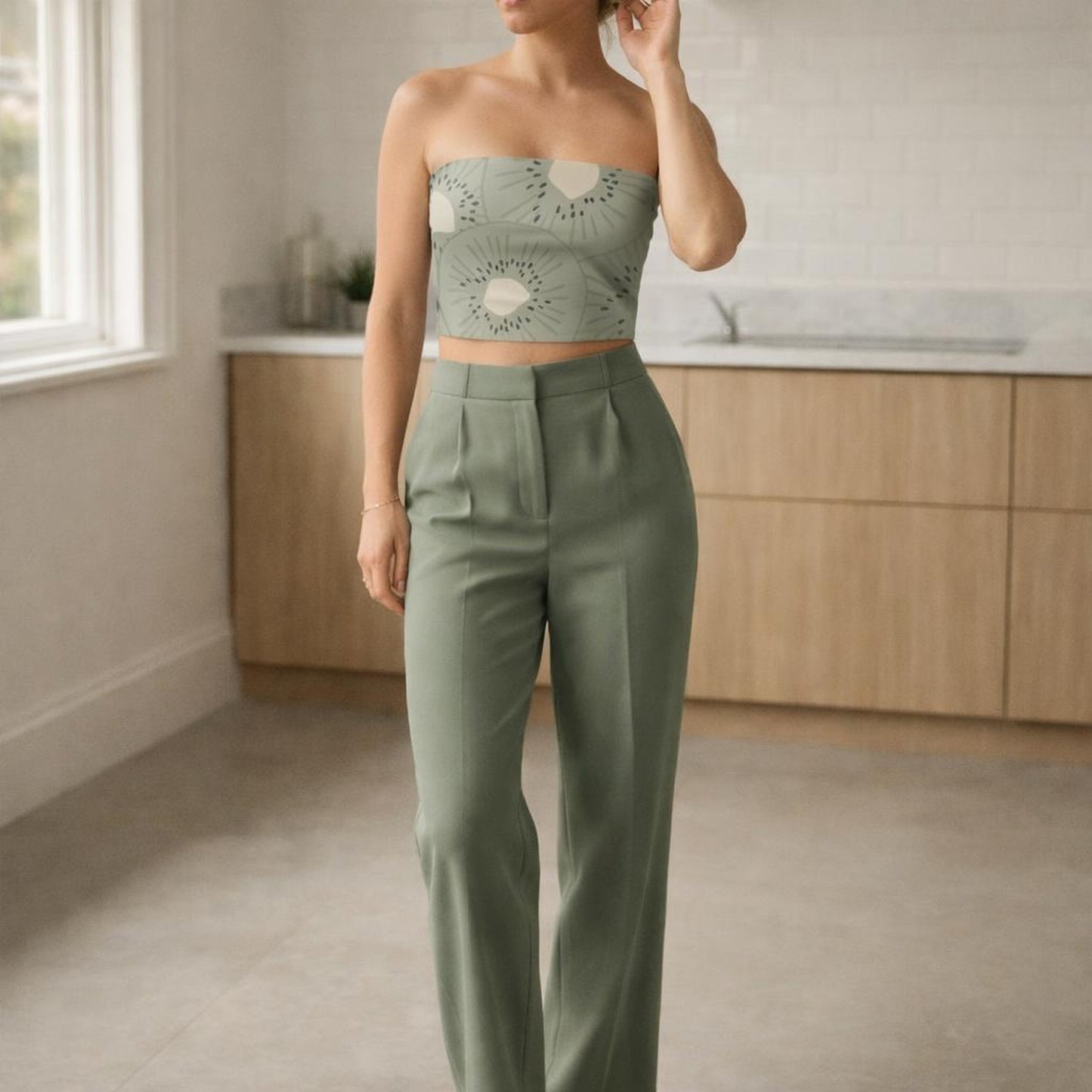 Muted Kiwi | Tube Top | Light Green Fruit Print · front view