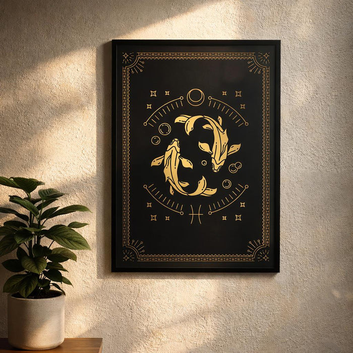 Pisces Zodiac | A3 Poster | Gold Dolphins & Celestial · design detail