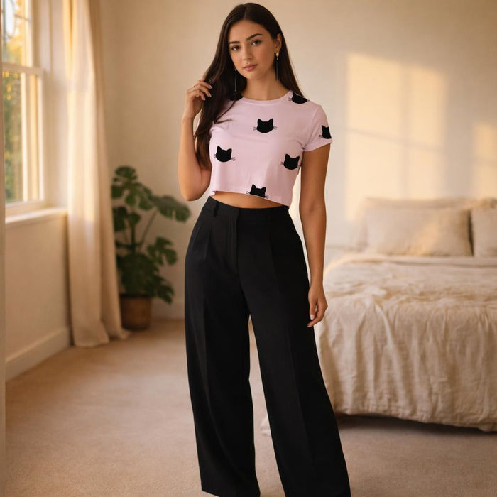 Black Cat Whispers | Crop Top | Light Pink & Playful · front view