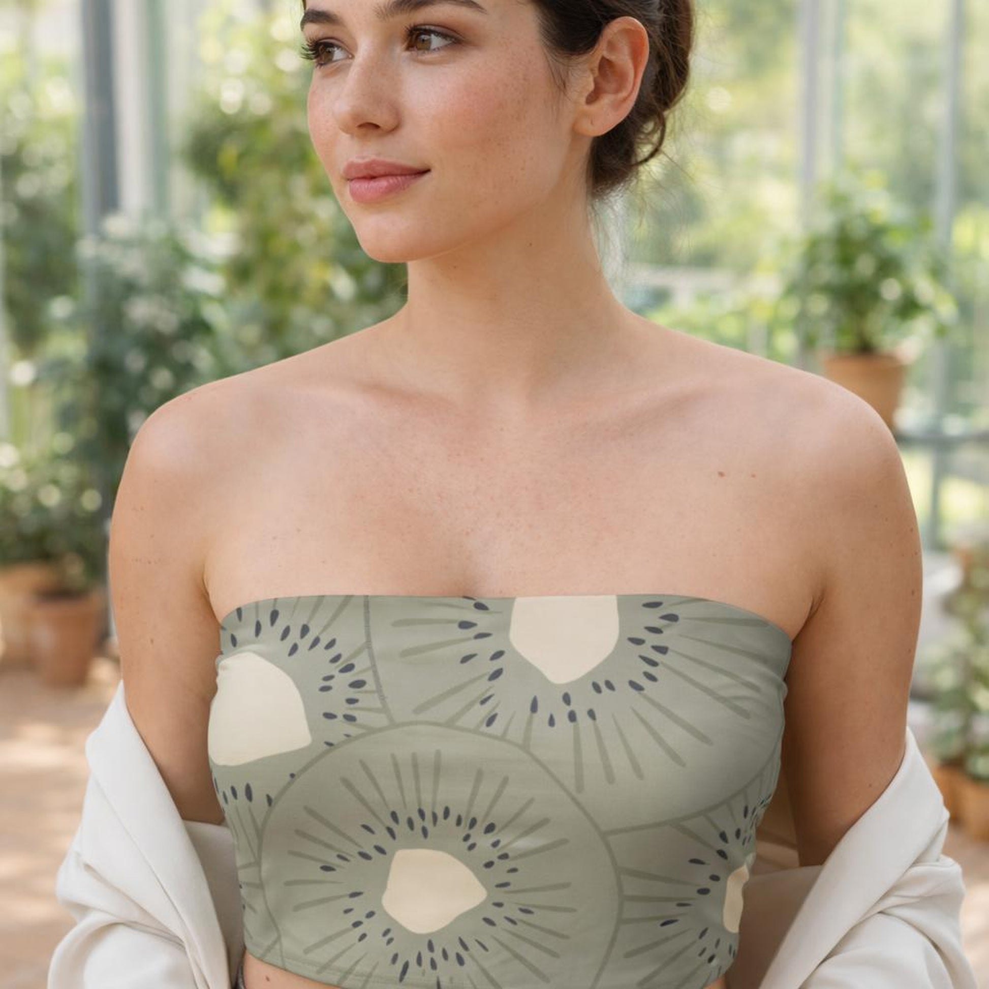 Muted Kiwi | Tube Top | Light Green Fruit Print · front view