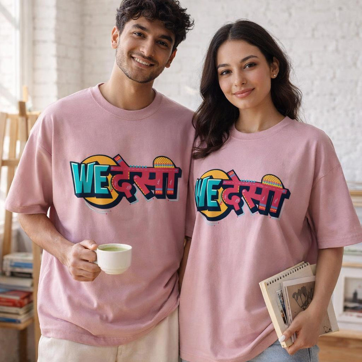 We Desi | Oversized T-Shirt | Retro Rainbow Graphic · on a man and a woman