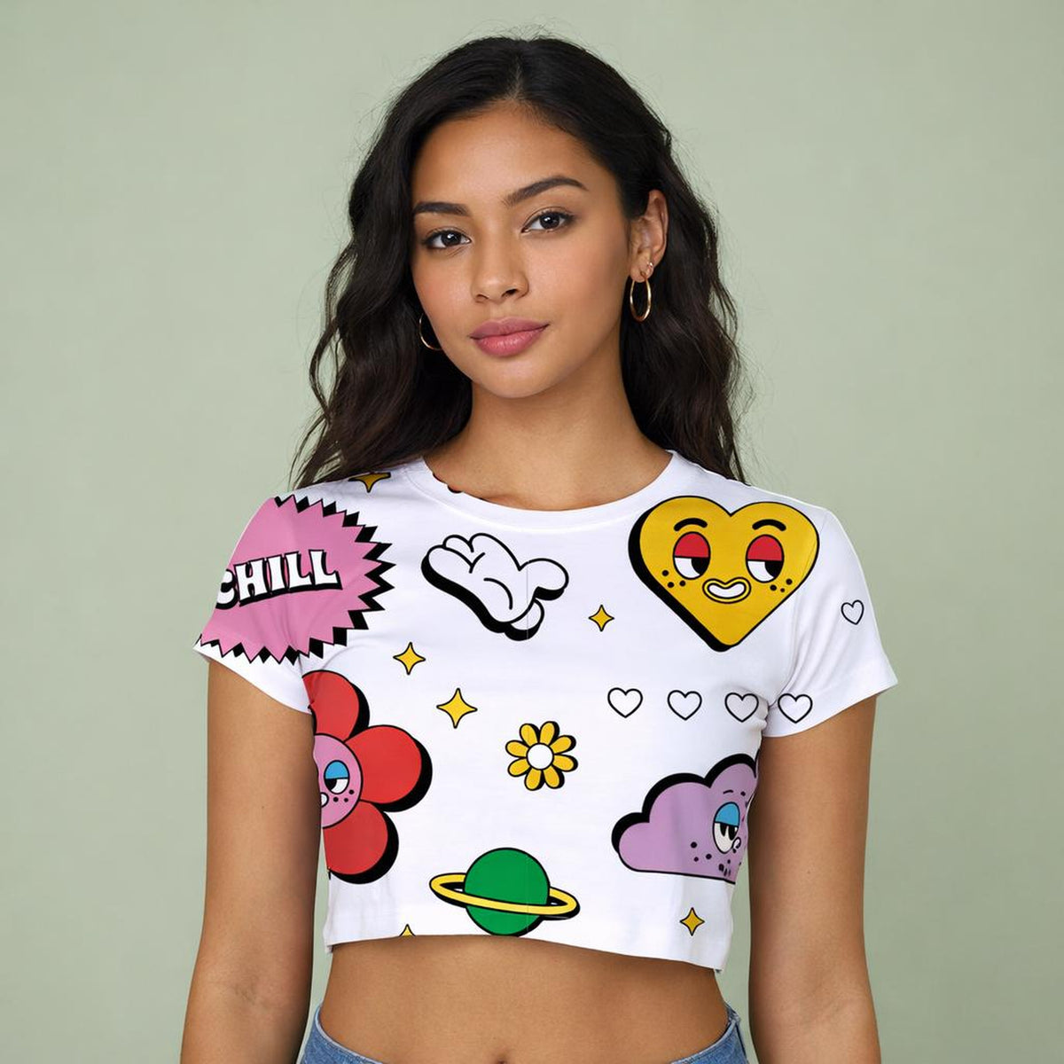 Chill Mode Essentials | Crop Top | White with Playful Doodles · front view