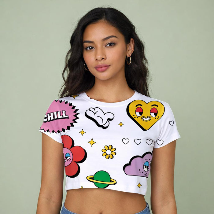 Chill Mode Essentials | Crop Top | White with Playful Doodles · front view