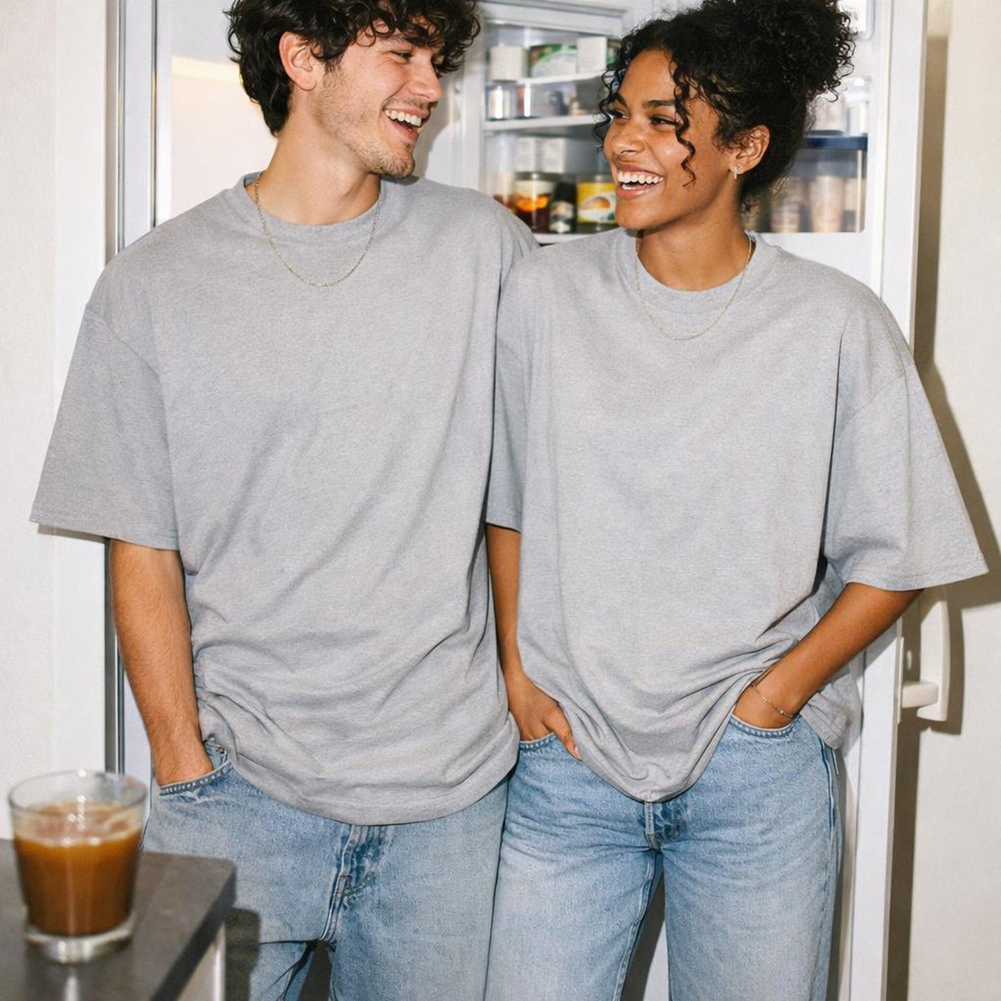 Grey Plain | Oversized T-Shirt | Melange · on a man and a woman