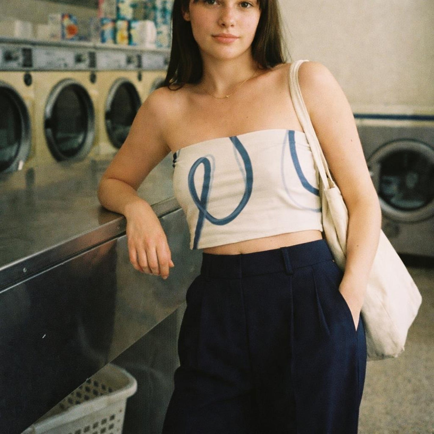 Contour Flow | Tube Top | Beige with Blue Line Art — lifestyle